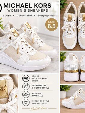 Michael Kors Women's White Wedge Sneakers Leather & Mesh Gold Hardware Sz 6.5